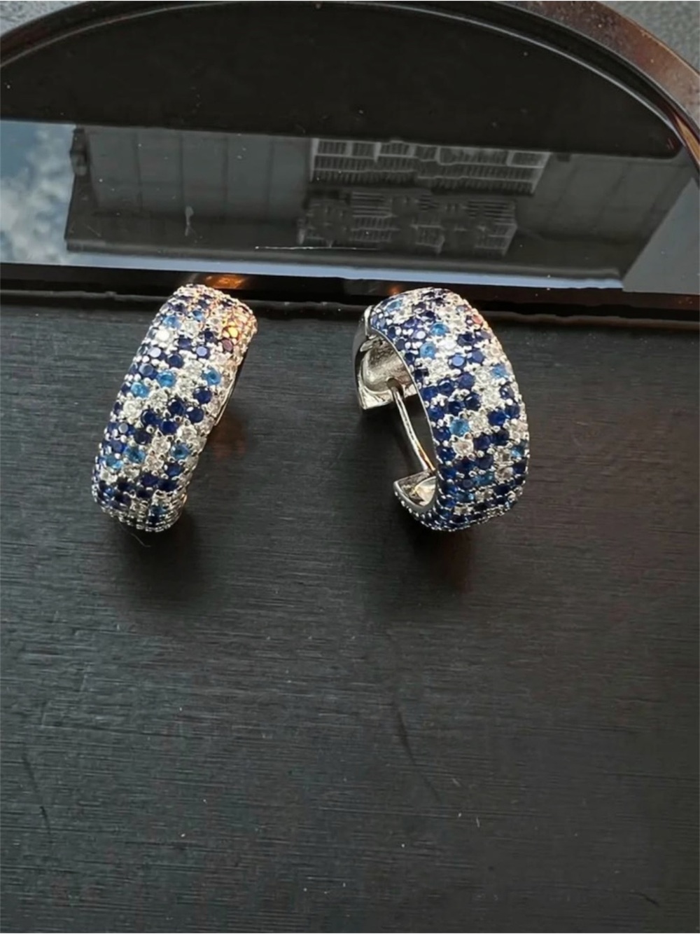 Silver Blue CZ Pave Hoop Earrings NWT Gold Plated